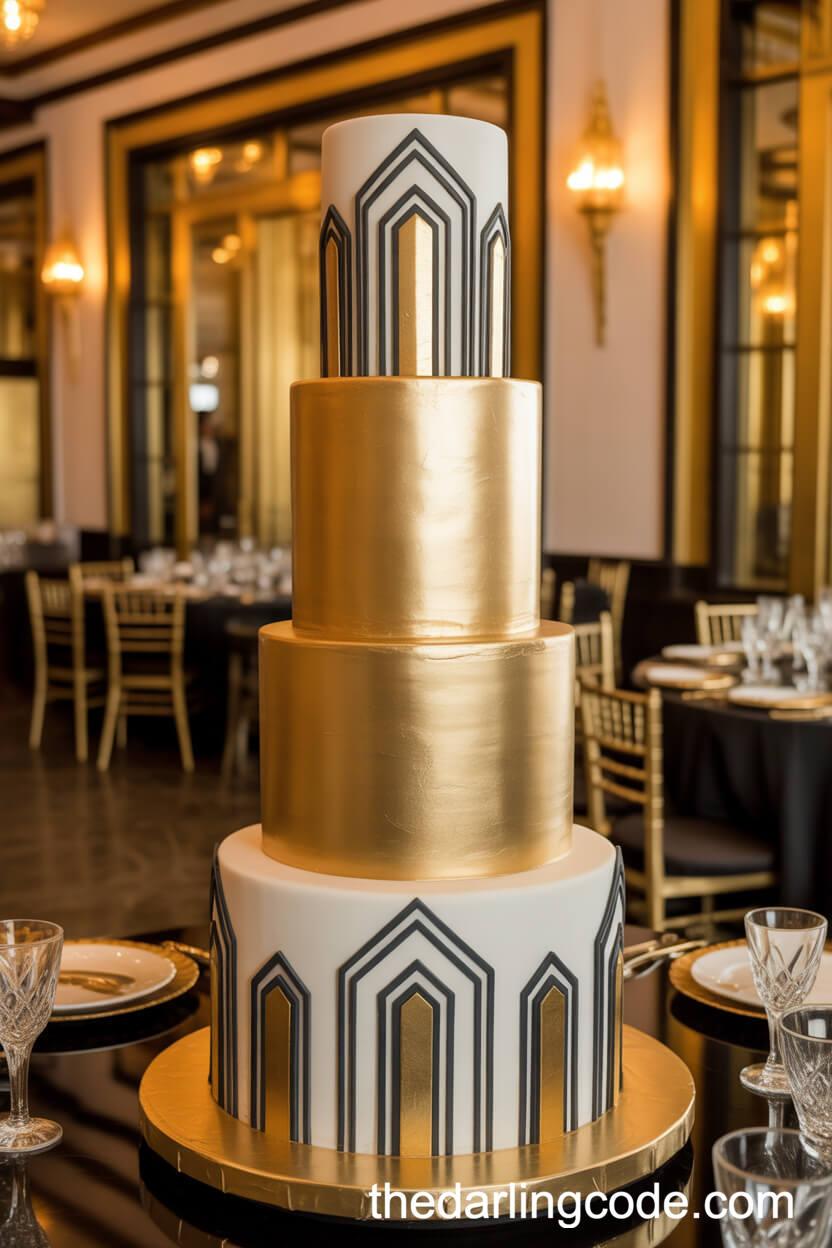 Art Deco Metallic Gold Wedding Cake With Geometric Detailing