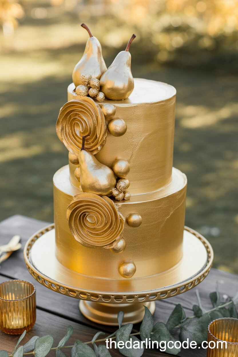 All-Gold Wedding Cake With Caramel Swirls And Edible Pears
