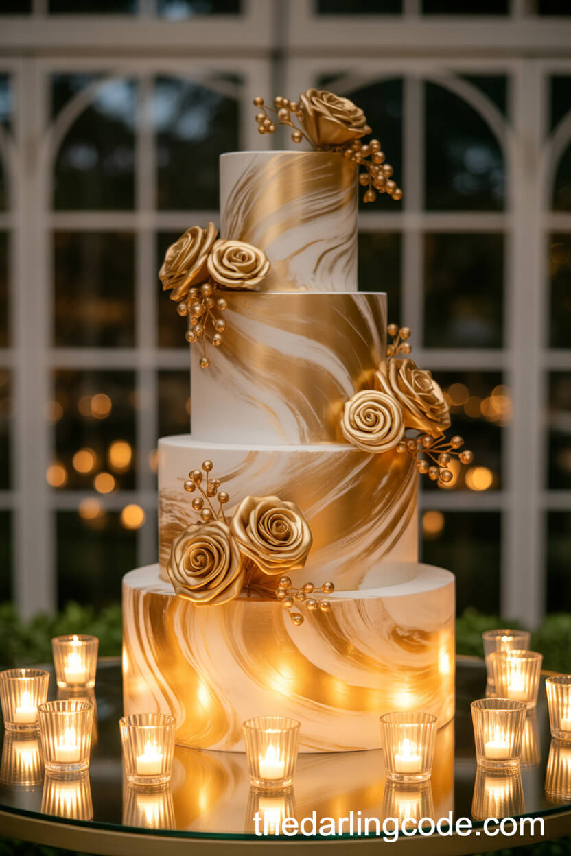 Marble Patterned Gold Wedding Cake With Gold Roses