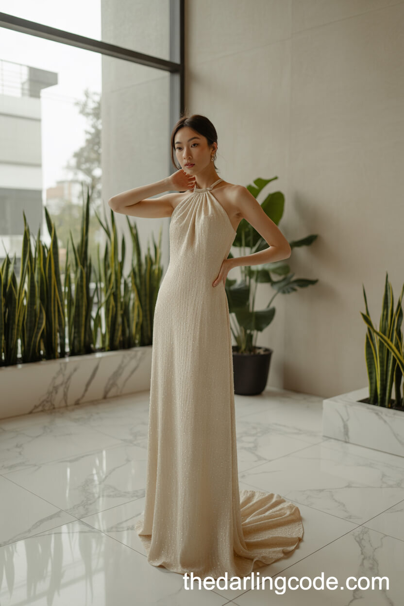 Sophisticated Gold Column Wedding Dress With Halter Neckline
