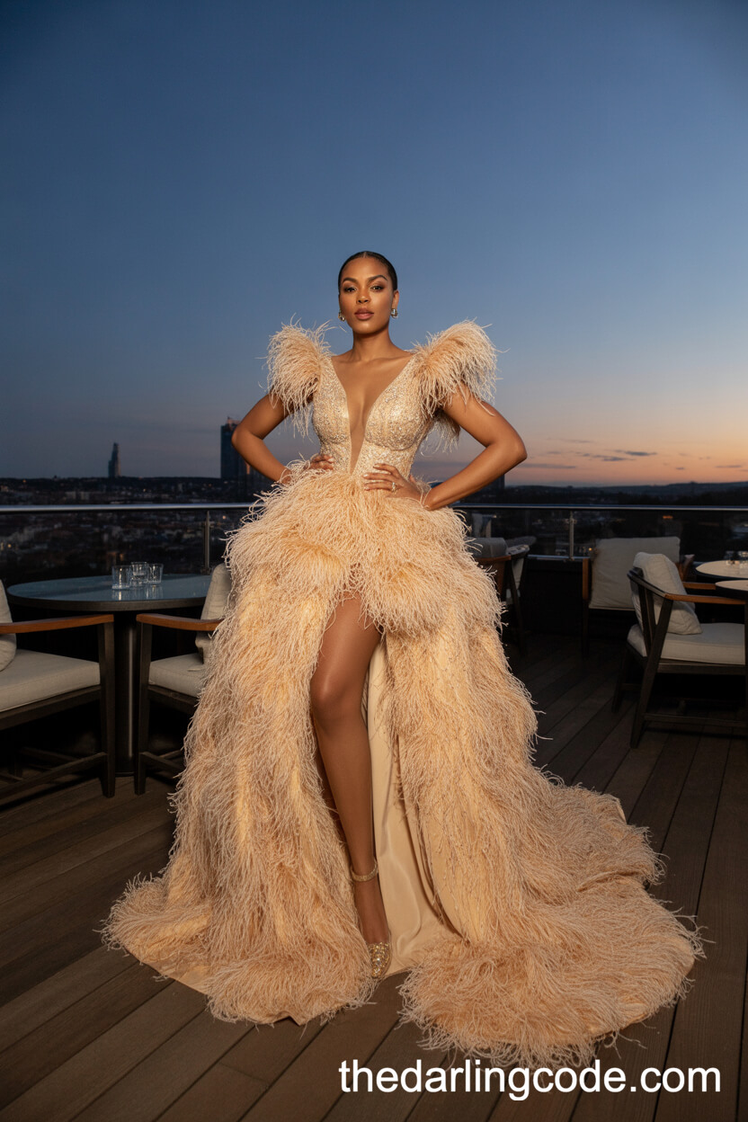 Dramatic Plunging Gold Wedding Dress With Feathered Details