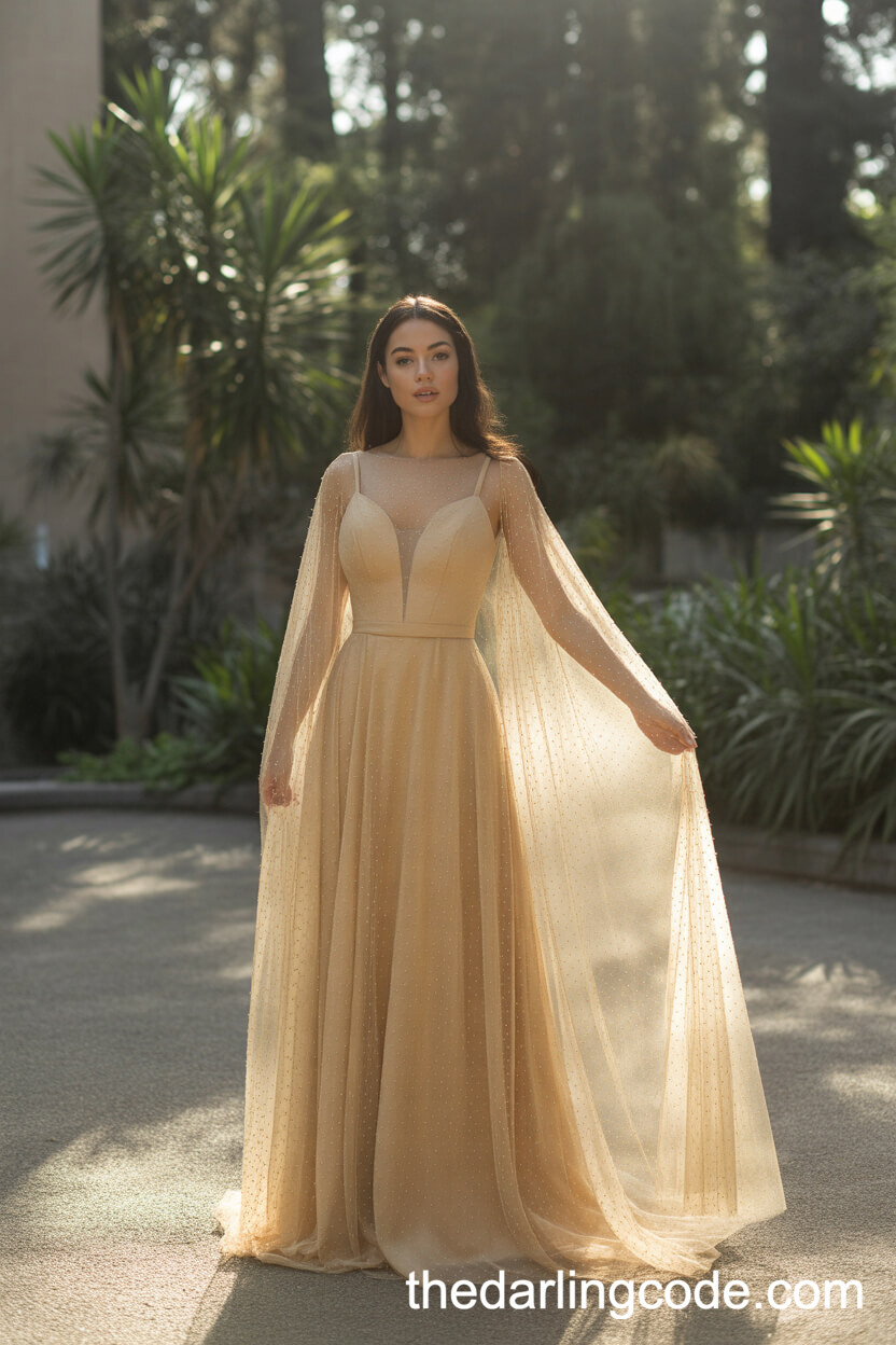 Classic Gold Chiffon Wedding Gown With Sheer Detachable Cape
