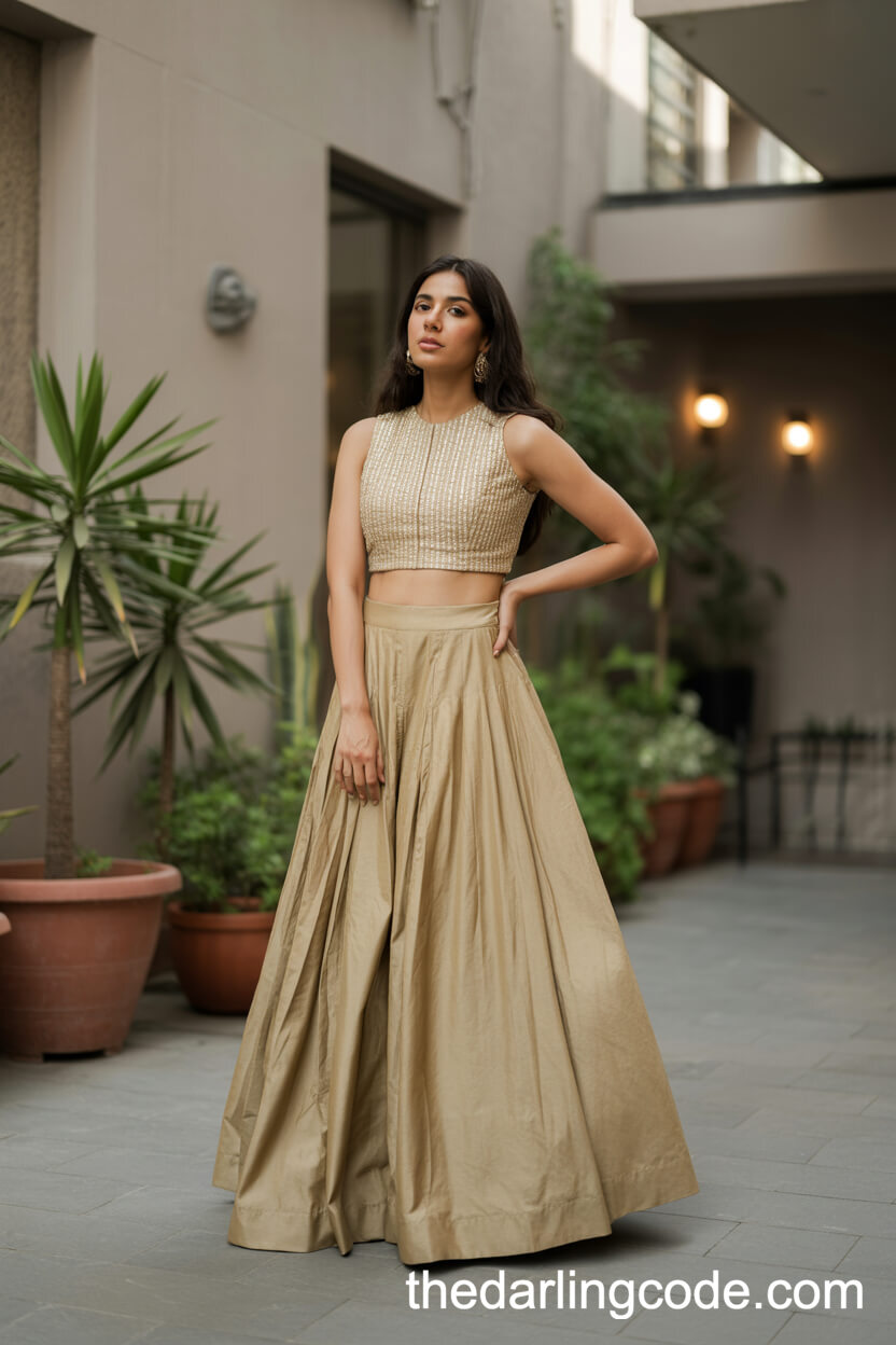 Modern Two-Piece Gold Bridal Outfit With Beaded Crop Top