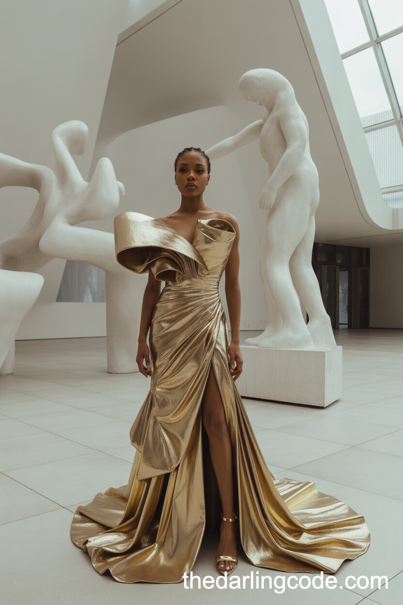 Sculptural Metallic Gold Wedding Dress With Dramatic Draping
