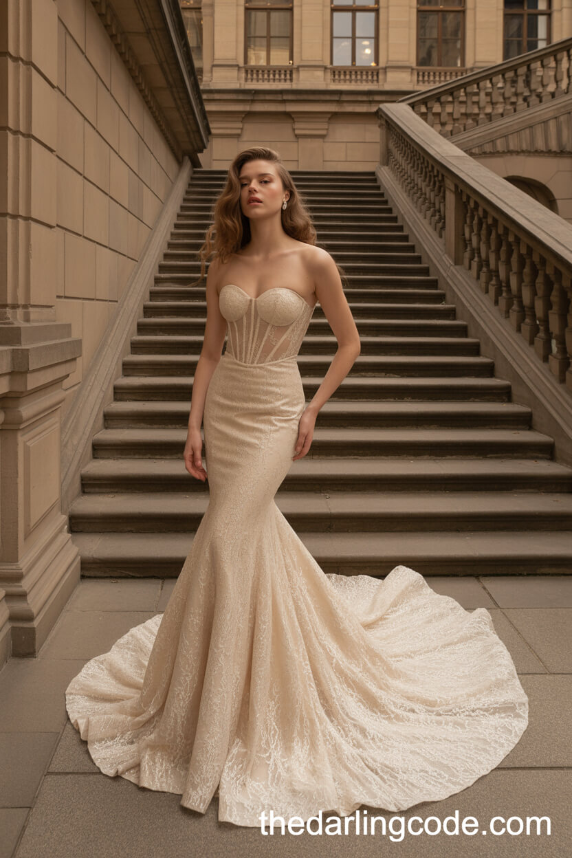 Couture Gold Mermaid Wedding Dress With Lace And Corset Top