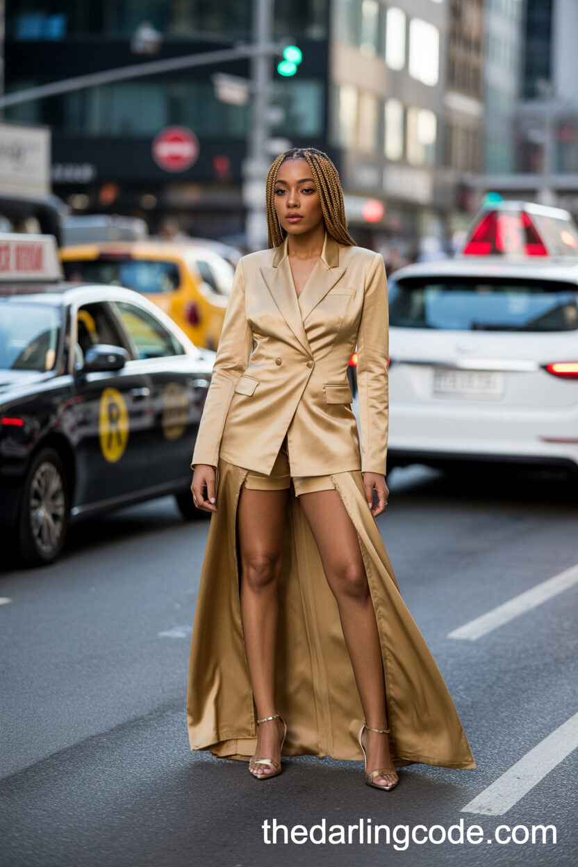 Gold Satin Bridal Suit Dress With Tailored Blazer And Skirt Panels