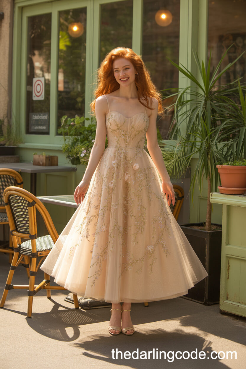 Whimsical Gold Tea-Length Wedding Dress With Layered Tulle
