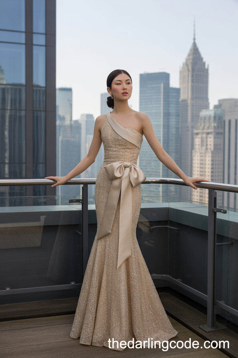 Modern Gold Wedding Dress With Asymmetric Neckline And Silk Bow