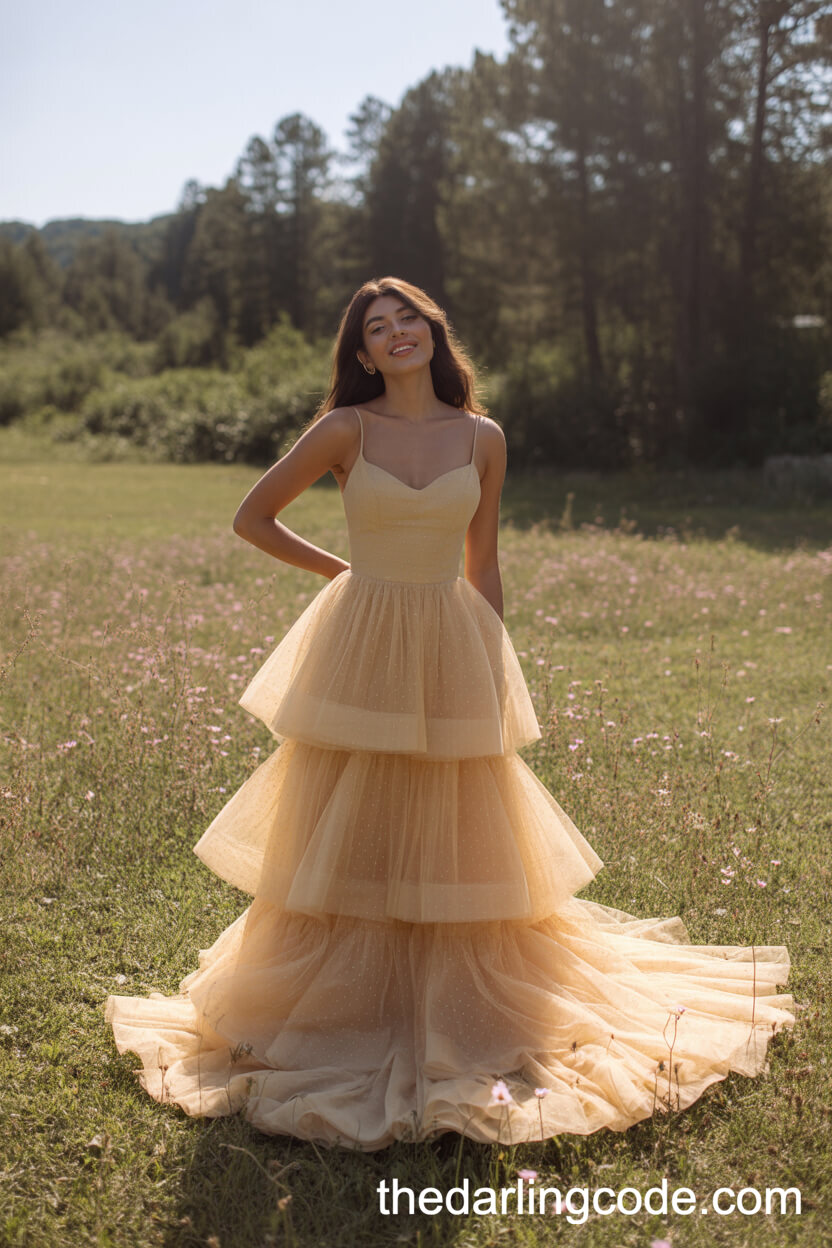 Softly Layered Gold Tulle Wedding Dress With Sweetheart Neckline
