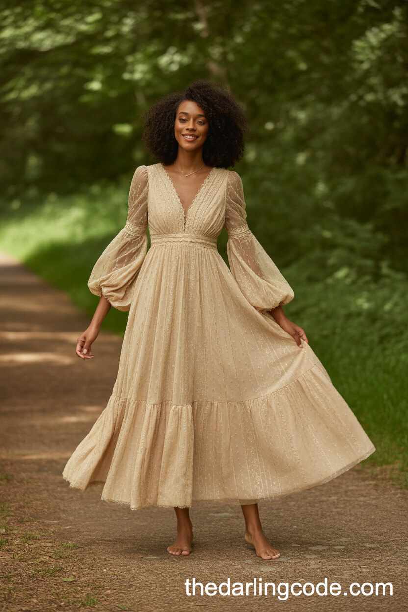 Whimsical Gold Lace Wedding Dress With Bishop Sleeves