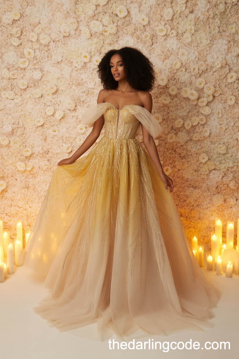 Golden Ombre Tulle Wedding Dress With Romantic Off-Shoulder Neckline