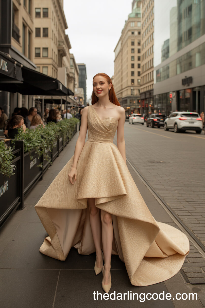 Modern Asymmetrical Gold Wedding Dress With High-Low Hemline