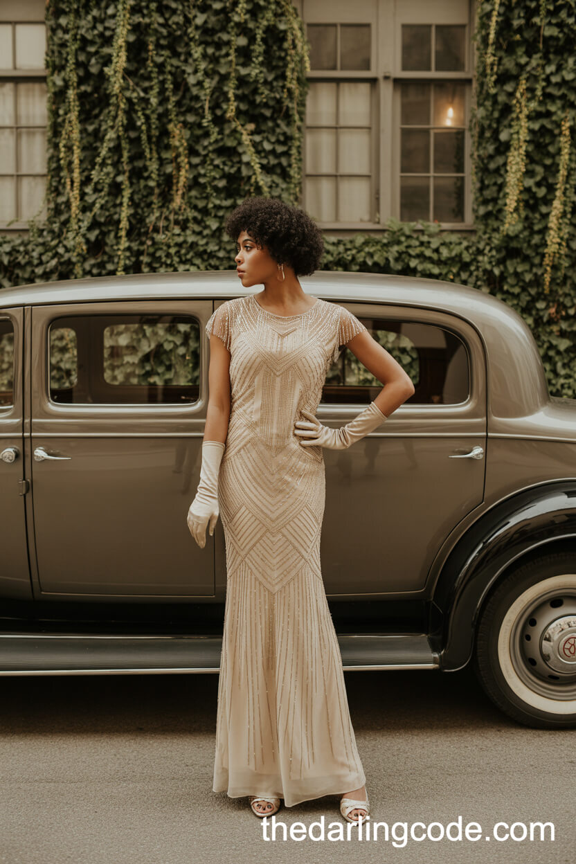 1920s-Inspired Gold Beaded Wedding Dress With Art Deco Patterns
