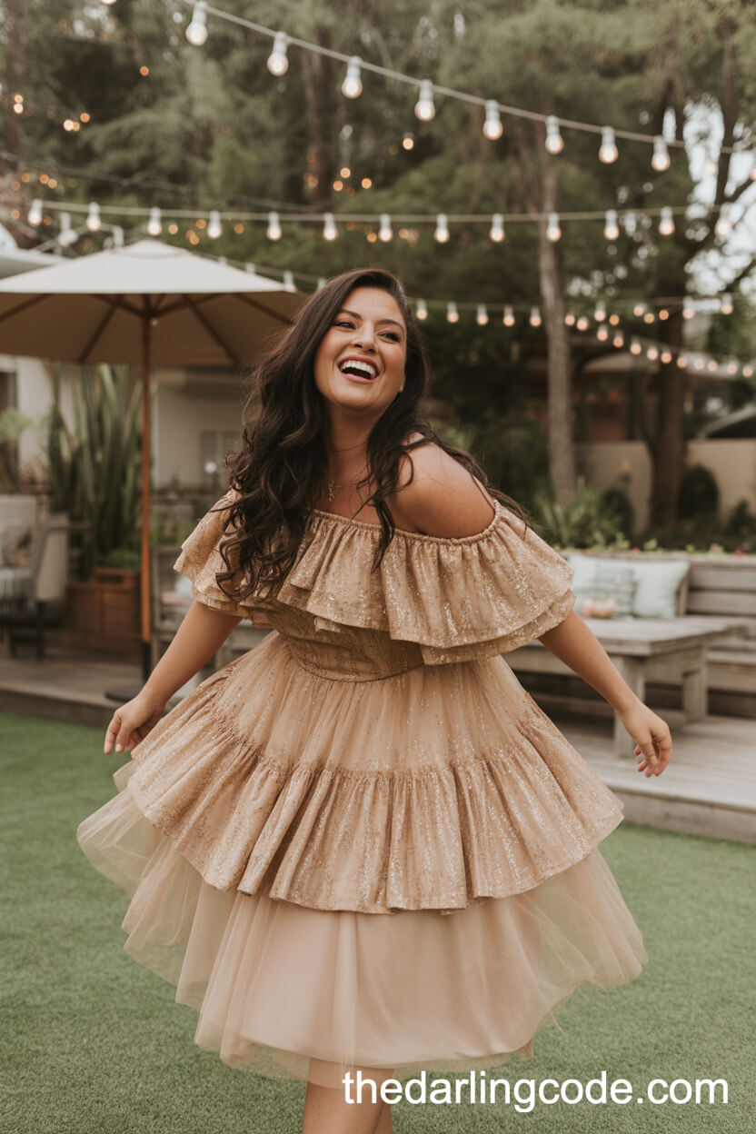 Romantic Off-The-Shoulder Gold Ruffled Wedding Dress