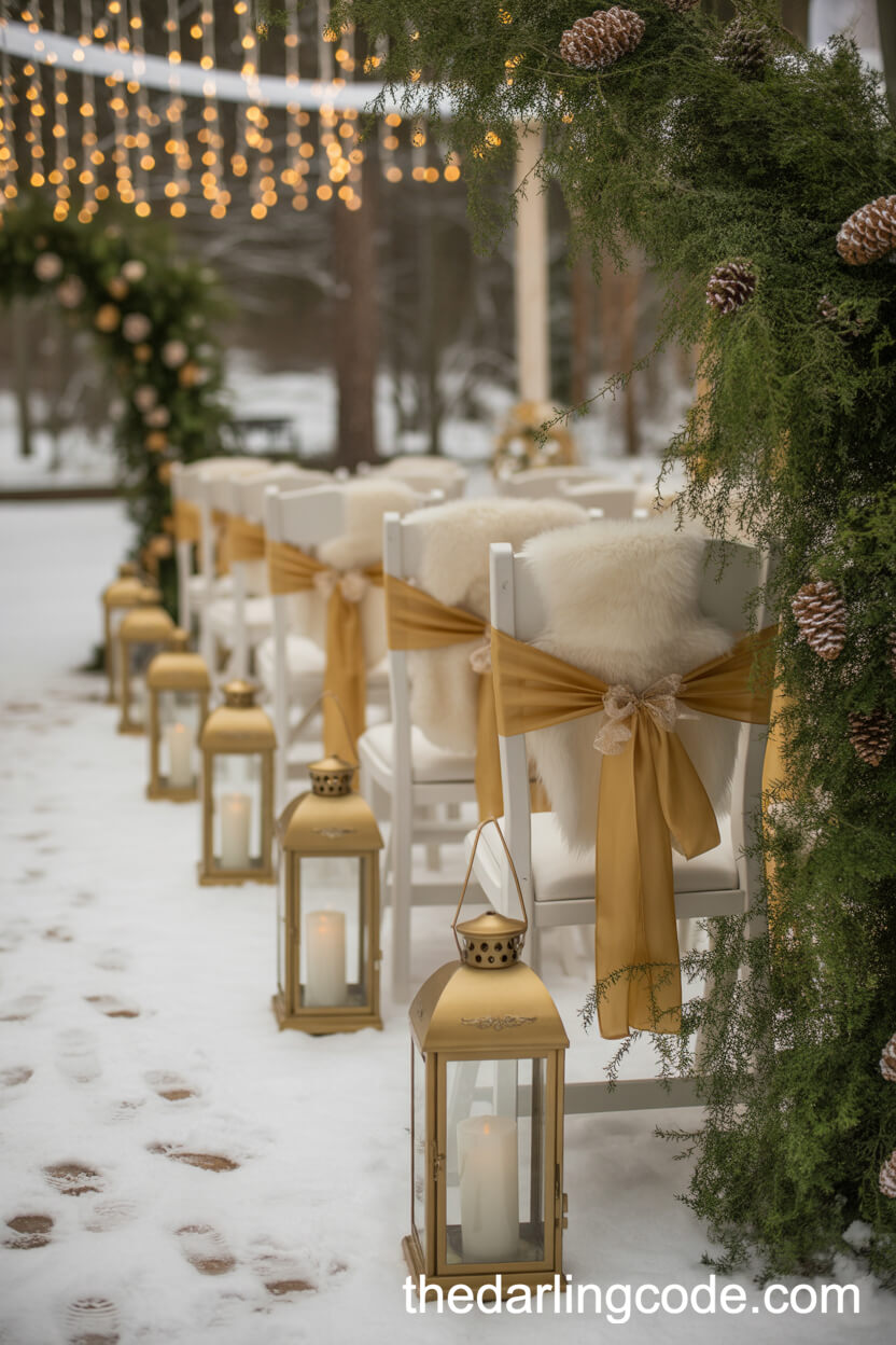 Magical Winter Wedding Aisle With Gold Lanterns