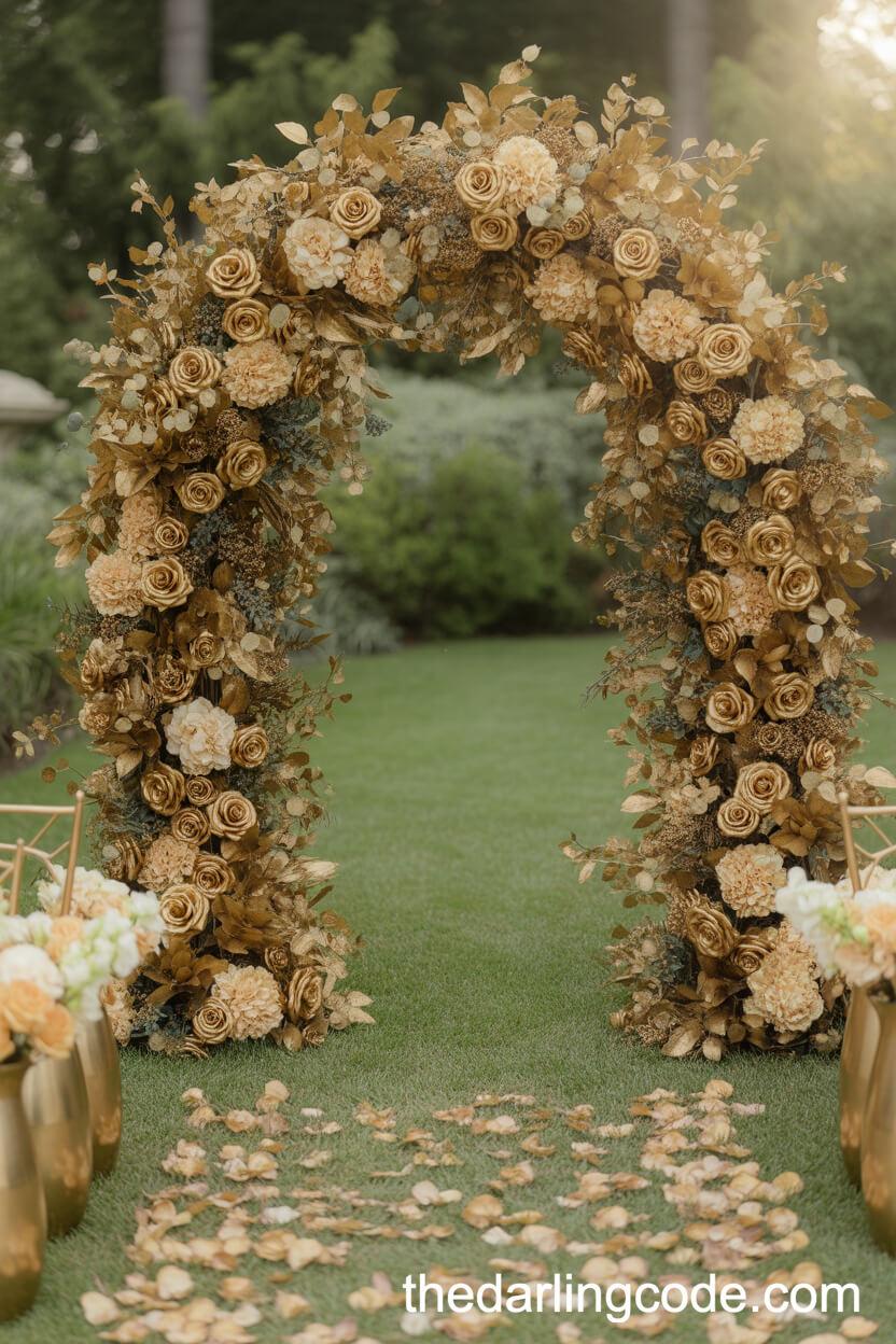 Stunning Gold Floral Arch For Outdoor Ceremony