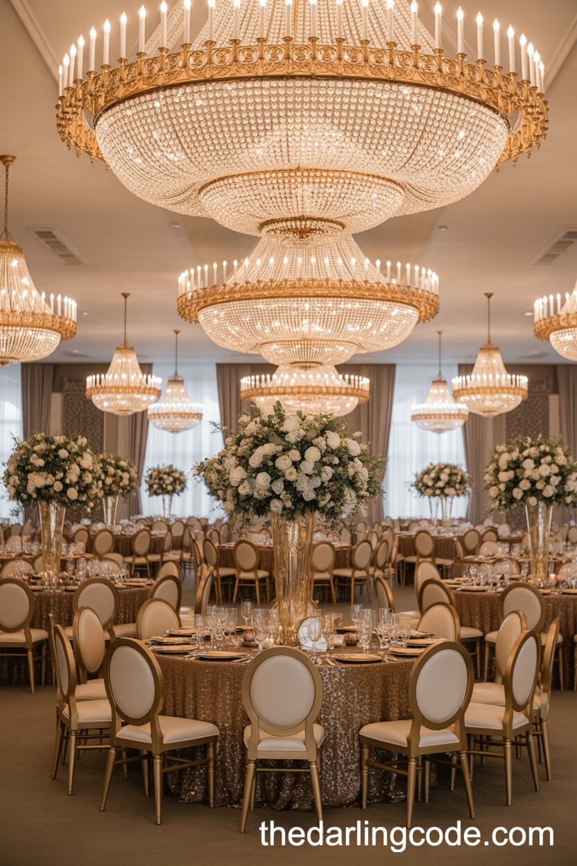 Lavish Ballroom Wedding Decor With Gold Highlights