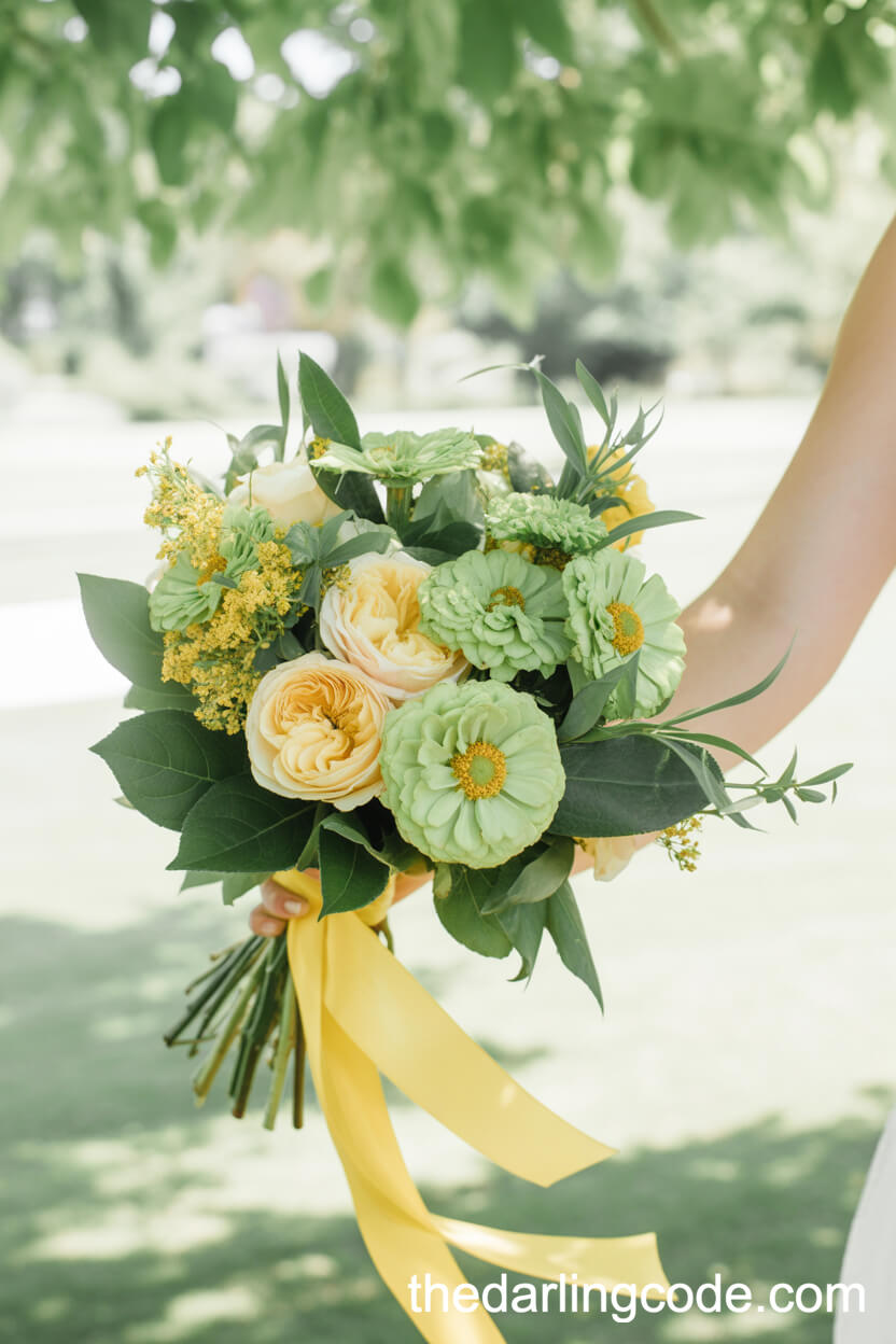 Summer Bouquet With Green Zinnias And Lemon Leaves