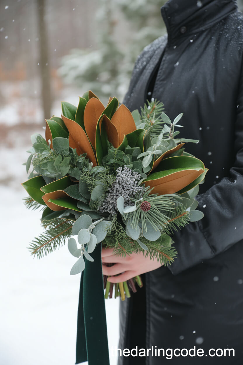 Lush Winter Greenery Bouquet With Velvet Ribbon