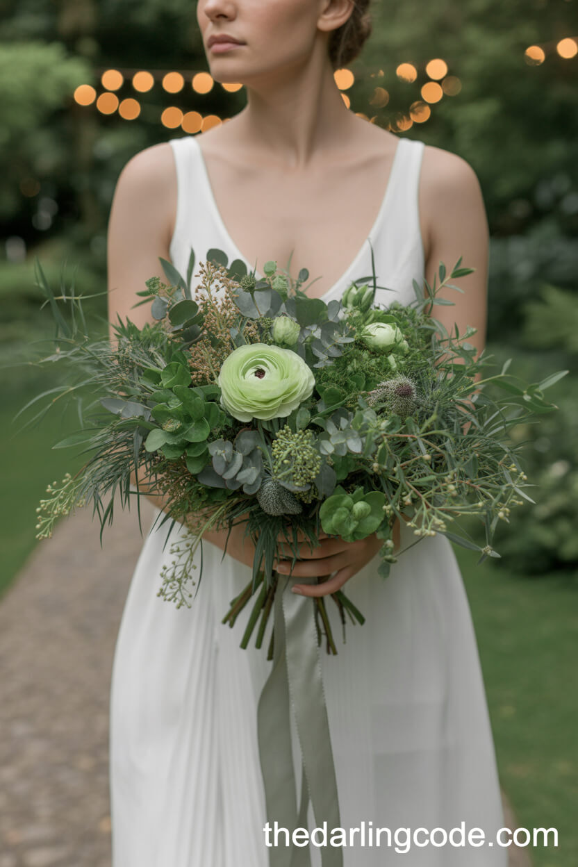 Green Ranunculus And Foliage Modern Bridal Bouquet