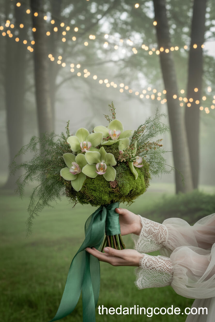 Moss, Green Orchid, And Fern Whimsical Woodland Bouquet