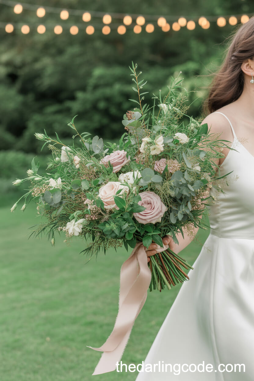 Green Garden Foliage And Blush Rose Bridal Bouquet