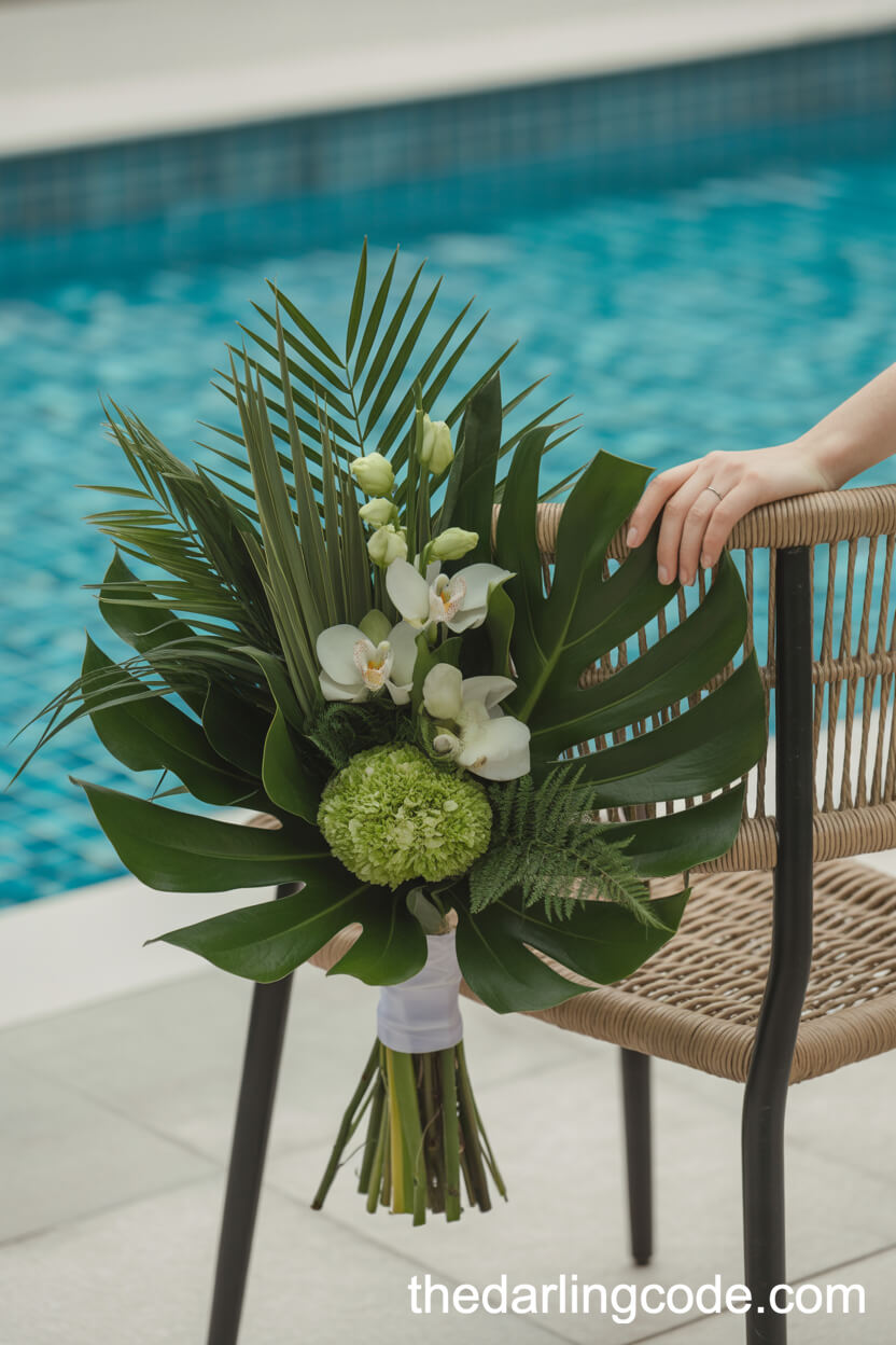 Tropical Green Orchid And Monstera Leaf Bouquet