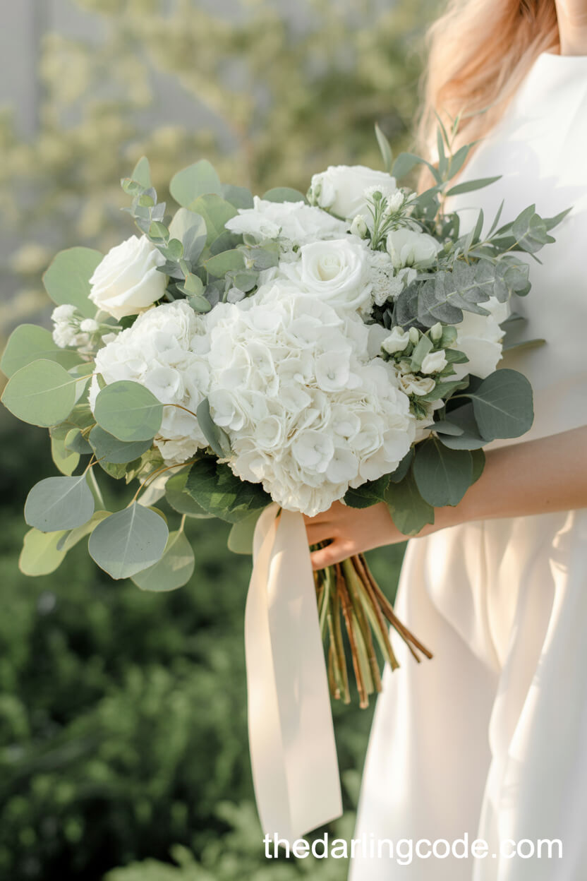 Classic White Hydrangea And Rose Hand Tied Bridal Bouquet