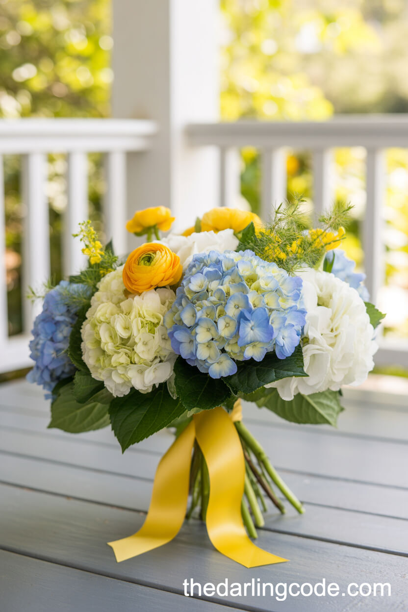 Sunny Blue Hydrangea And Yellow Ranunculus Bridal Bouquet