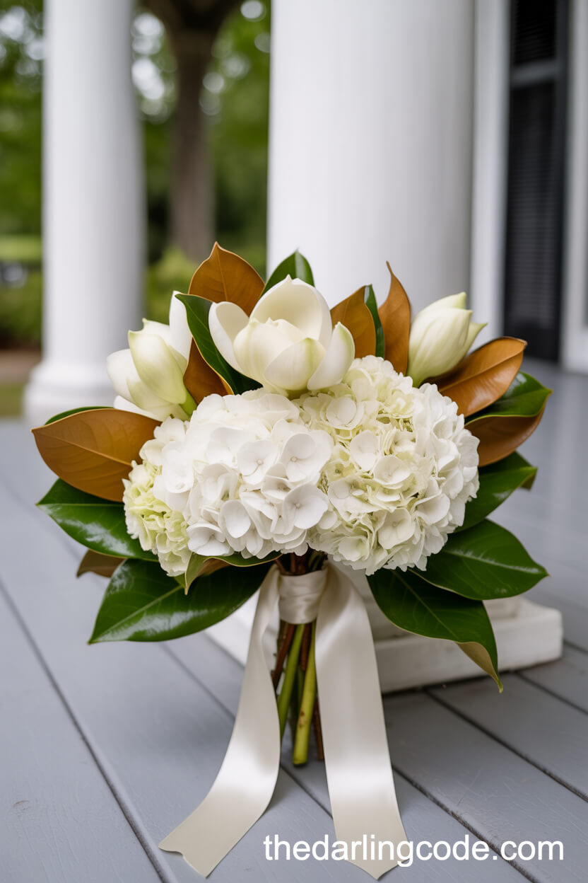 Southern Classic White Hydrangea And Magnolia Bouquet