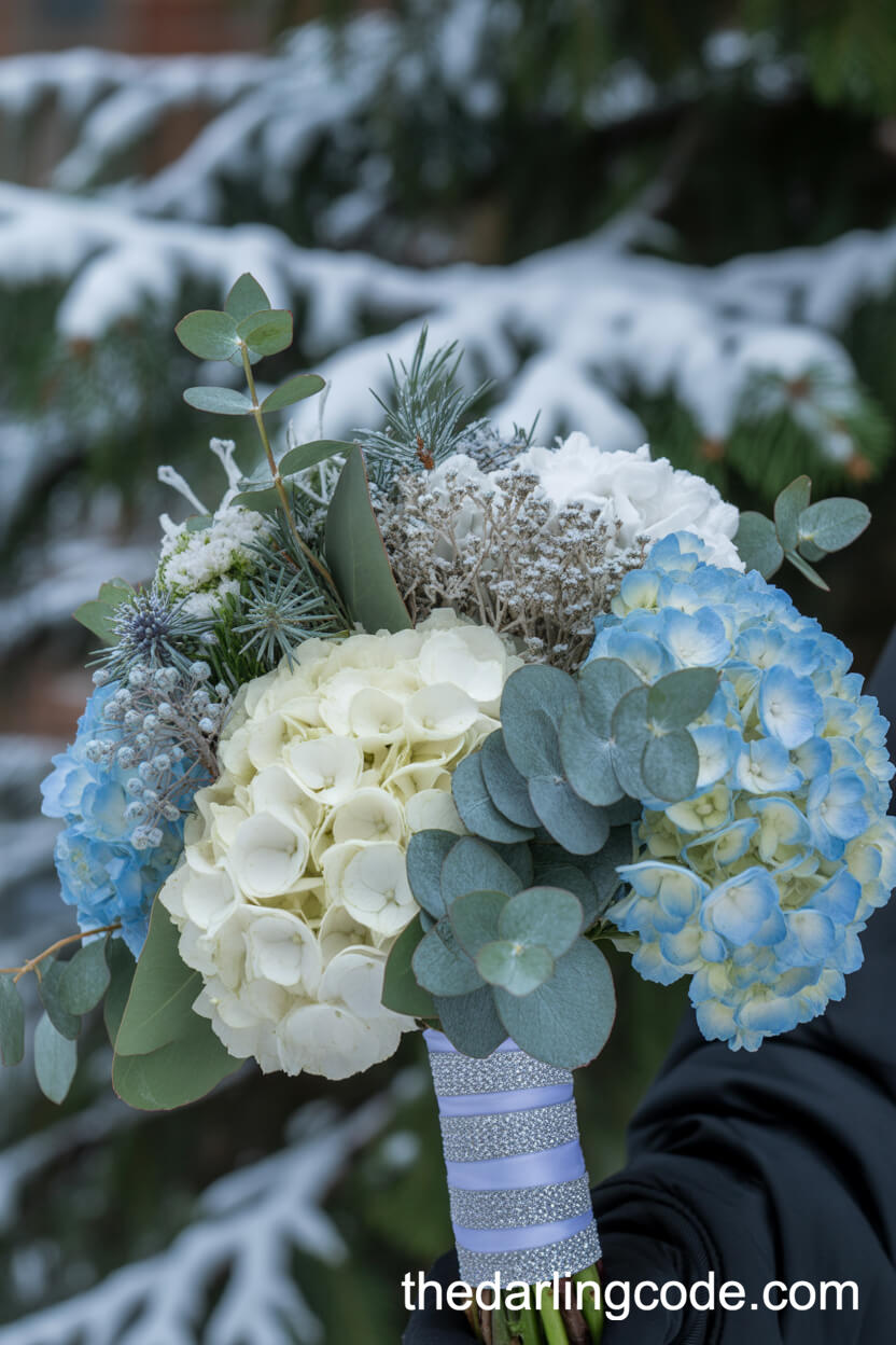 Frosty White And Icy Blue Hydrangea Winter Wedding Bouquet