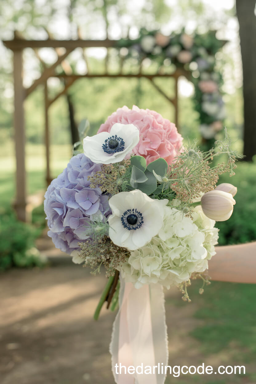 Playful Pastel Hydrangea And White Anemone Bridal Bouquet