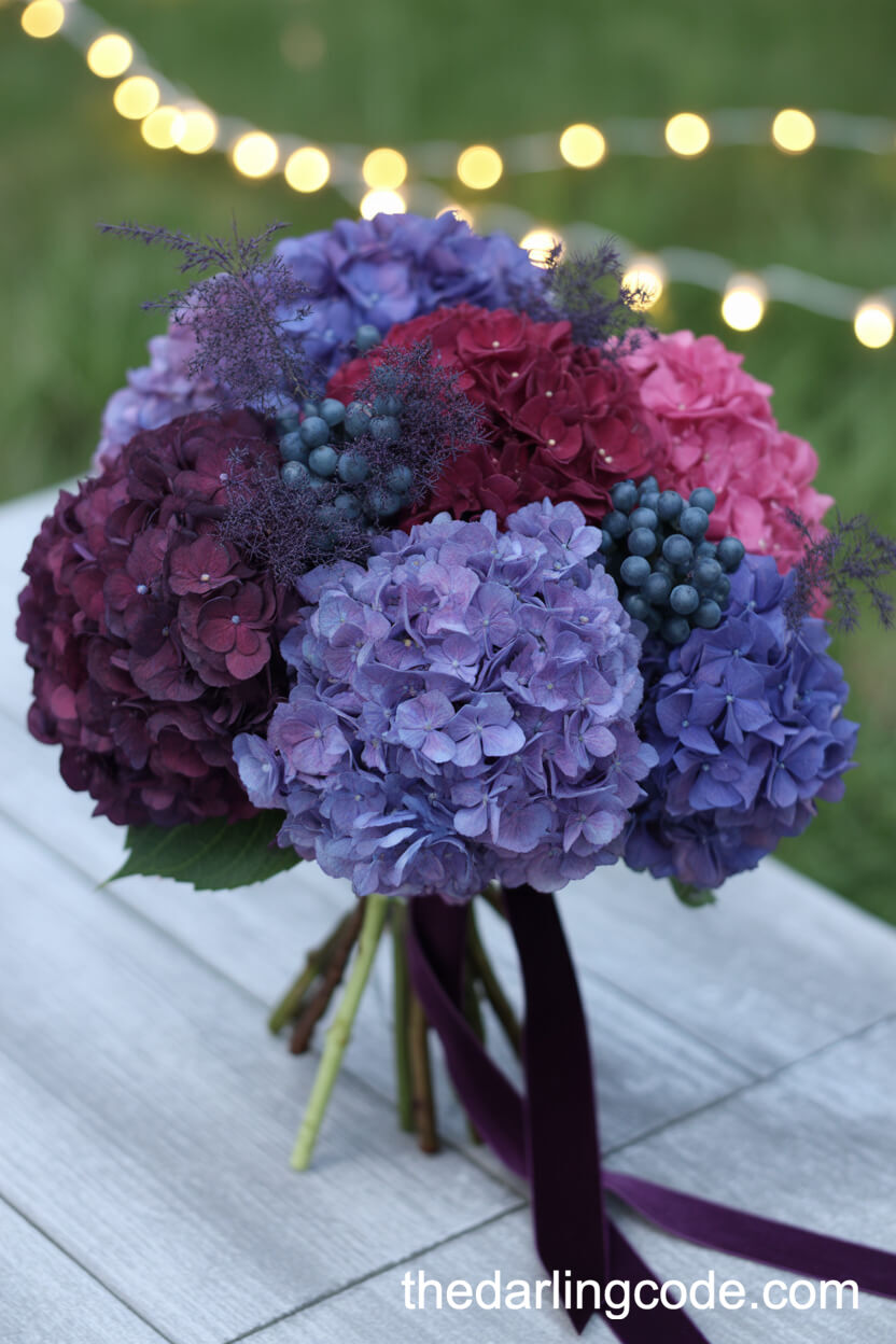 Jewel-Toned Hydrangea Bouquet With Midnight Blue Accents