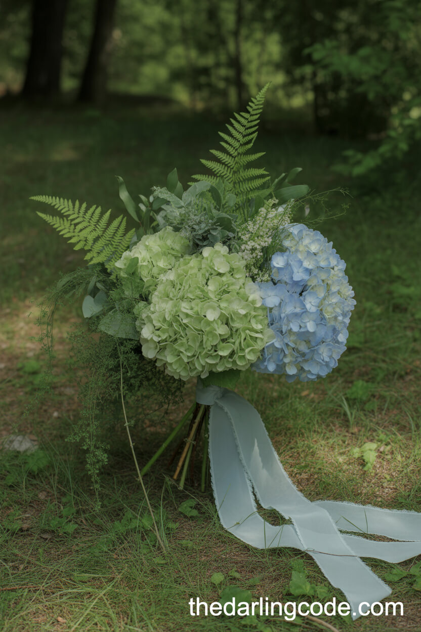 Whimsical Green And Blue Hydrangea Woodland Wedding Bouquet
