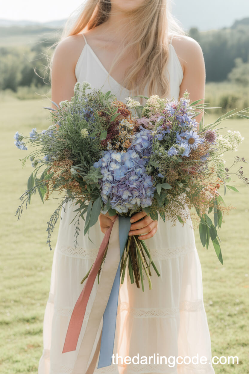 Boho Blue And Purple Hydrangea Bouquet With Wildflowers