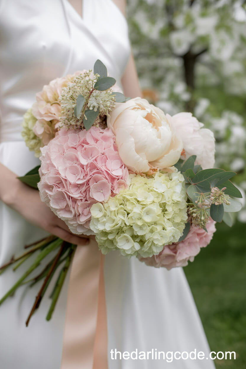 Soft Pink And Cream Hydrangea With Peonies Spring Bouquet