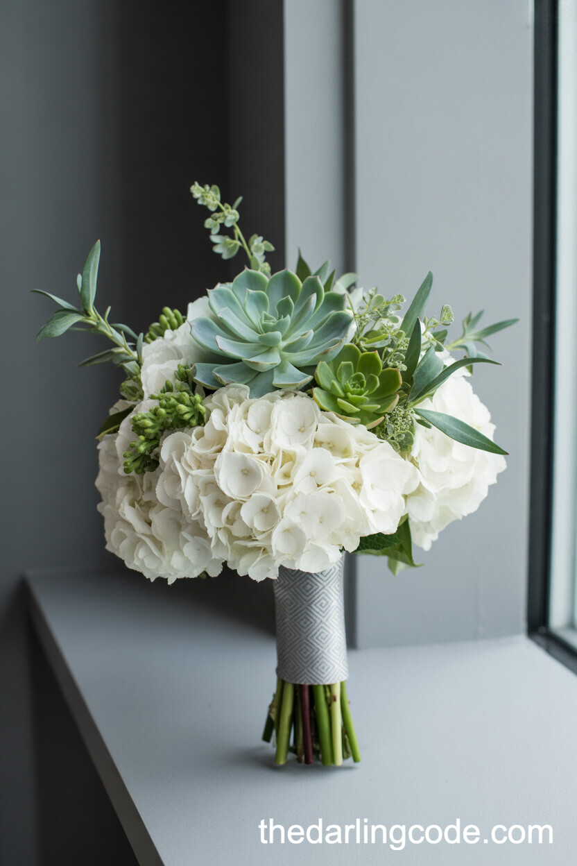 Modern White Hydrangea And Succulent Loft Wedding Bouquet