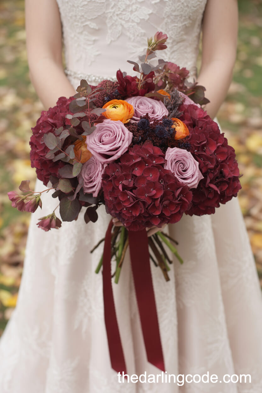 Autumn-Inspired Burgundy Hydrangea And Rose Bridal Bouquet
