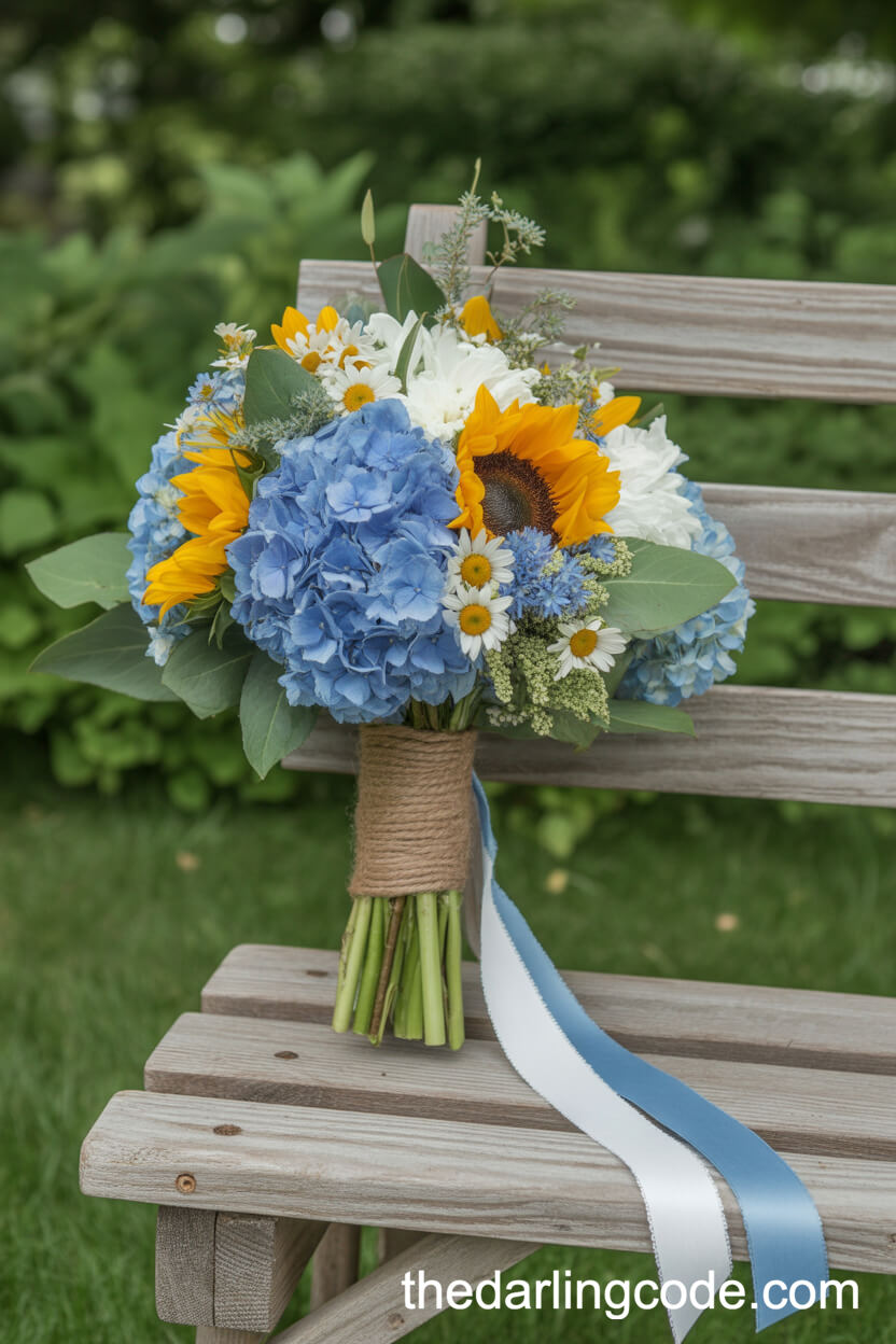 Rustic Blue Hydrangea, Sunflower, And Daisy Wedding Bouquet