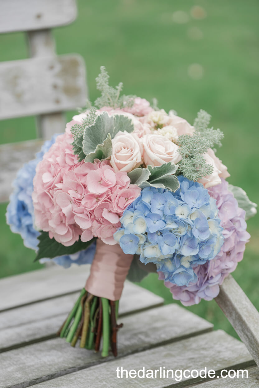 Pastel Pink And Baby Blue Hydrangea Romantic Wedding Bouquet