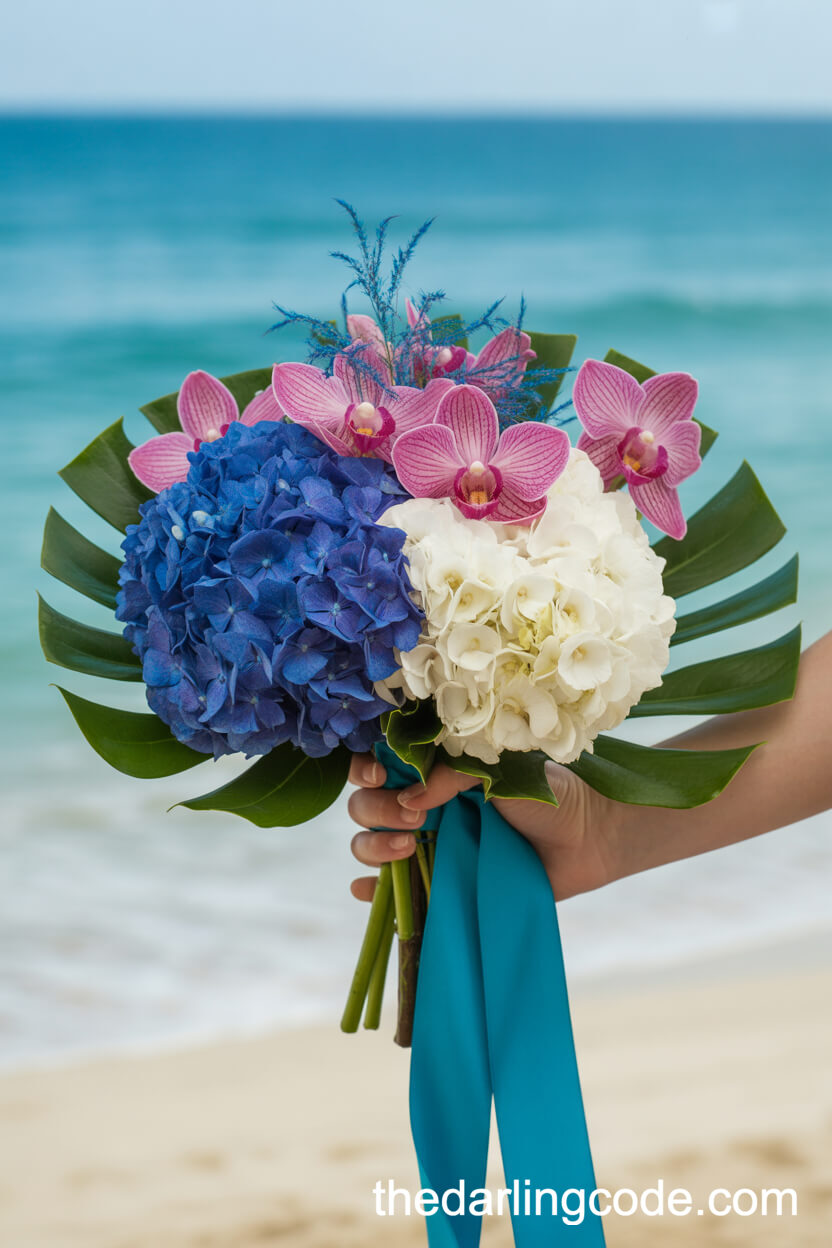 Tropical Blue Hydrangea And Pink Orchid Beachfront Bouquet