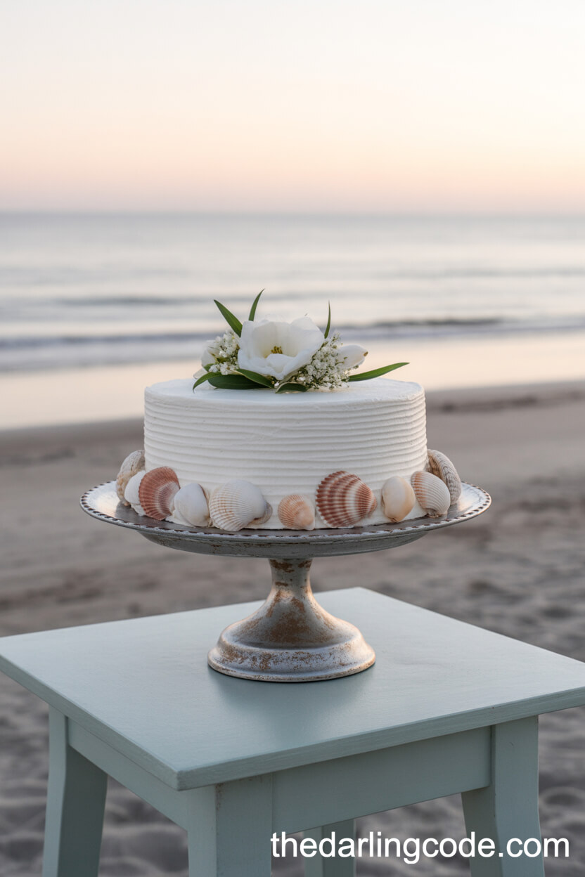 Shoreline Wedding Cake Display With Fresh Florals