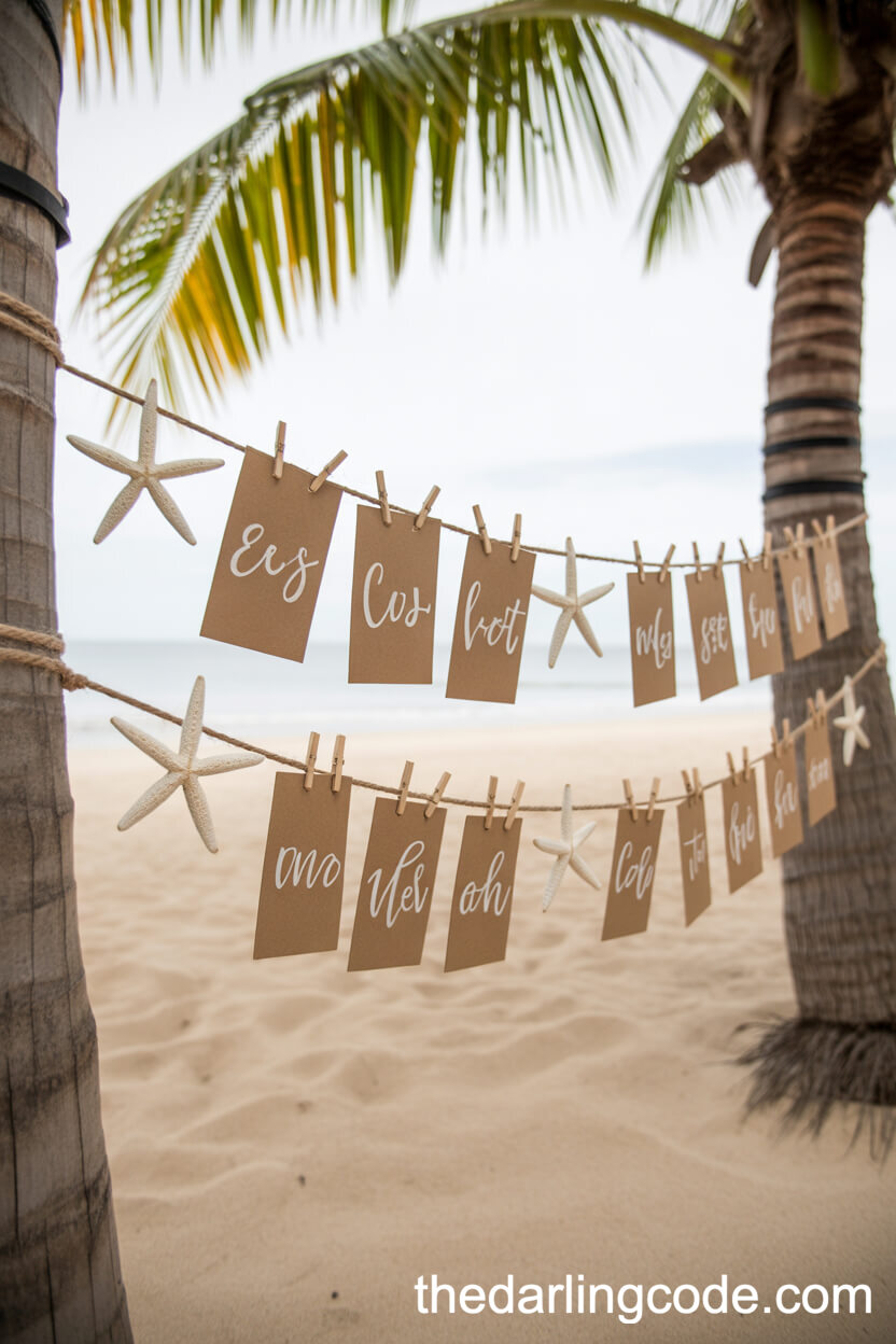 Starfish Escort Cards Hanging On Palm Trees