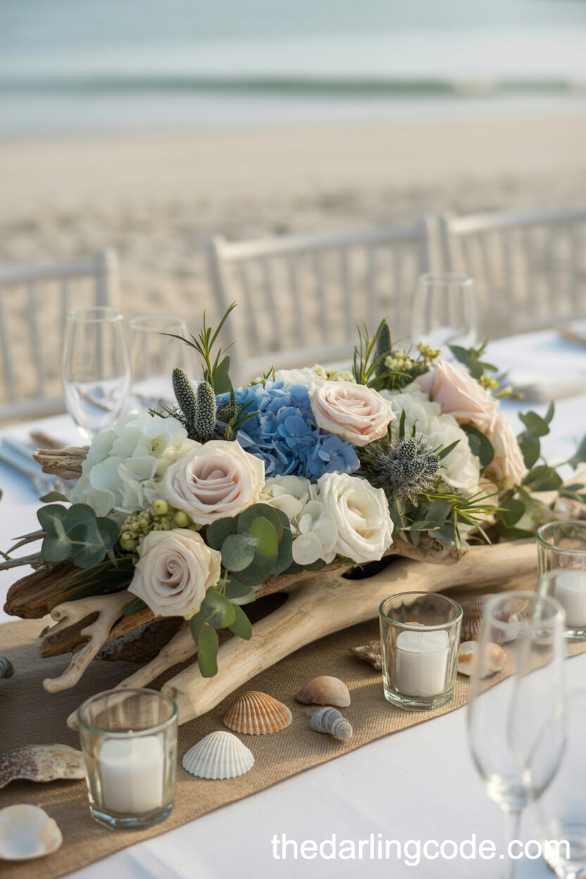Driftwood And Floral Beach Wedding Centerpiece
