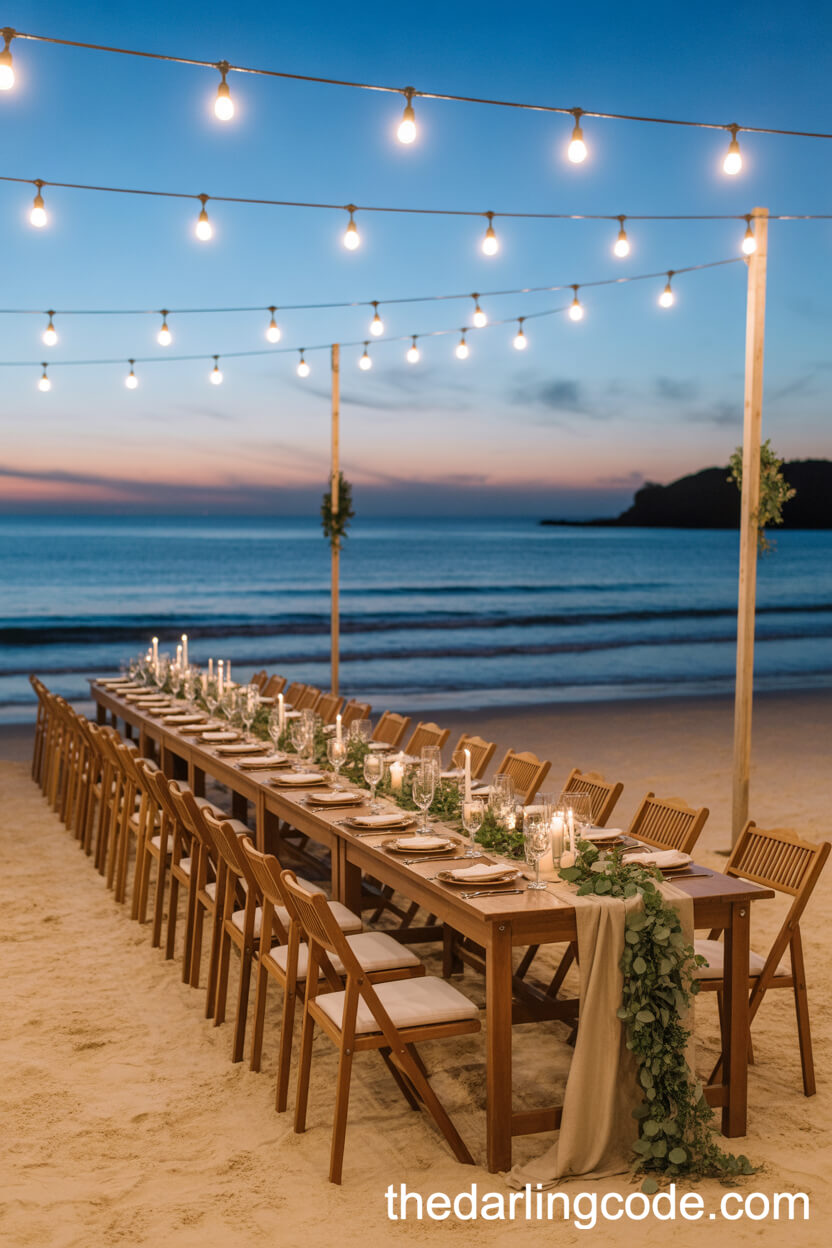 Shoreline Wooden Reception Tables With String Lights
