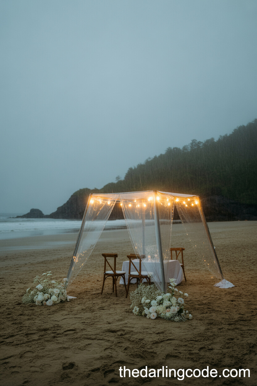Clear Tent Beach Wedding On A Misty Day