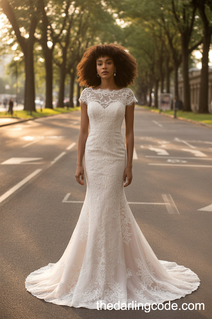 Refined Trumpet-Style Lace Wedding Gown with Cap Sleeves
