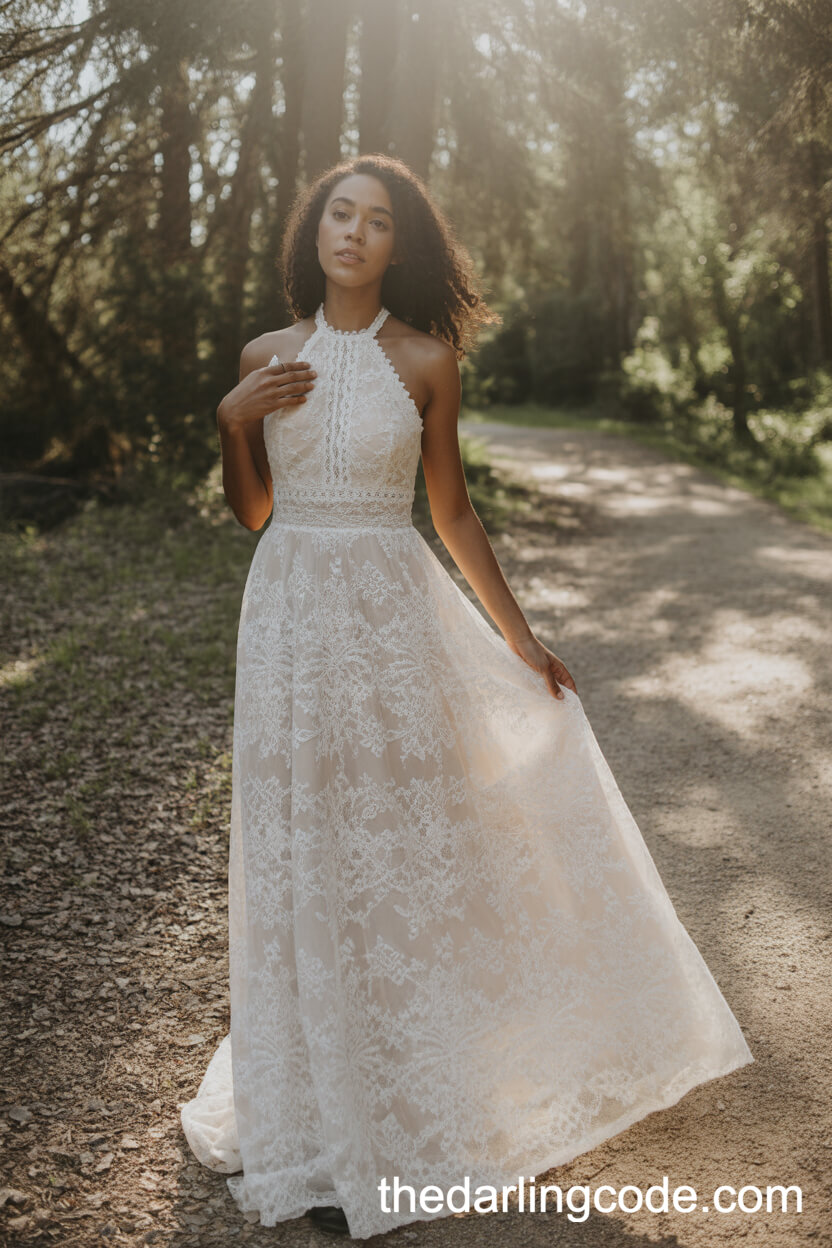 Halter-Neck Lace Wedding Dress