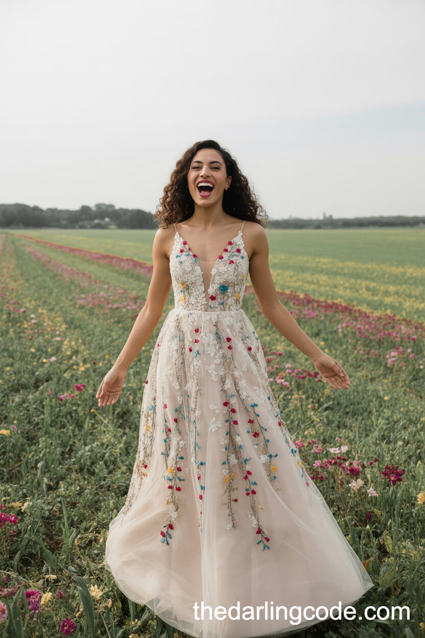 Colorful Floral Embroidered Lace Wedding Gown