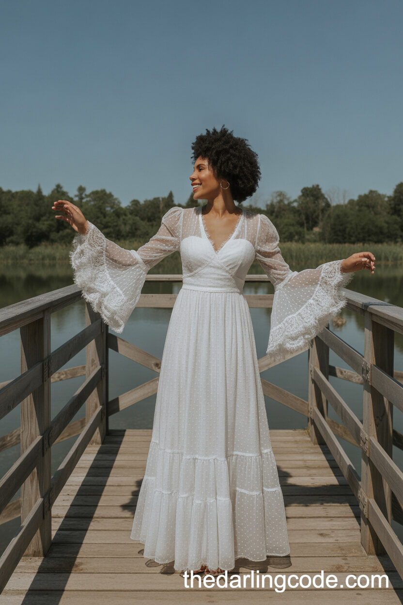 Boho-Chic Lace Wedding Dress With Bell Sleeves